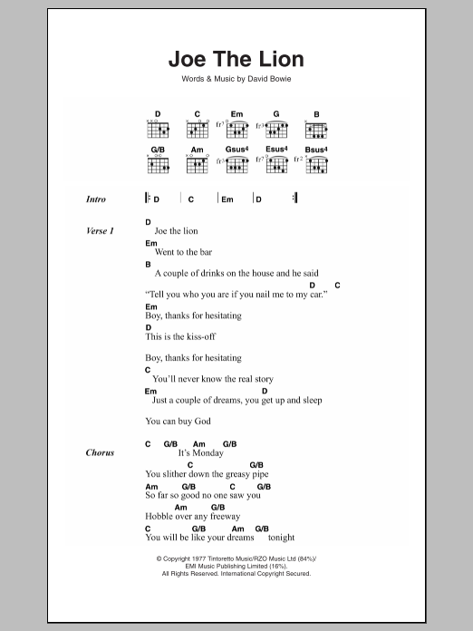 David Bowie Joe The Lion Sheet Music Notes & Chords for Lyrics & Chords - Download or Print PDF