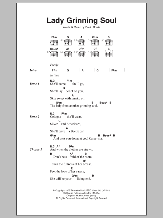 David Bowie Lady Grinning Soul Sheet Music Notes & Chords for Lyrics & Chords - Download or Print PDF