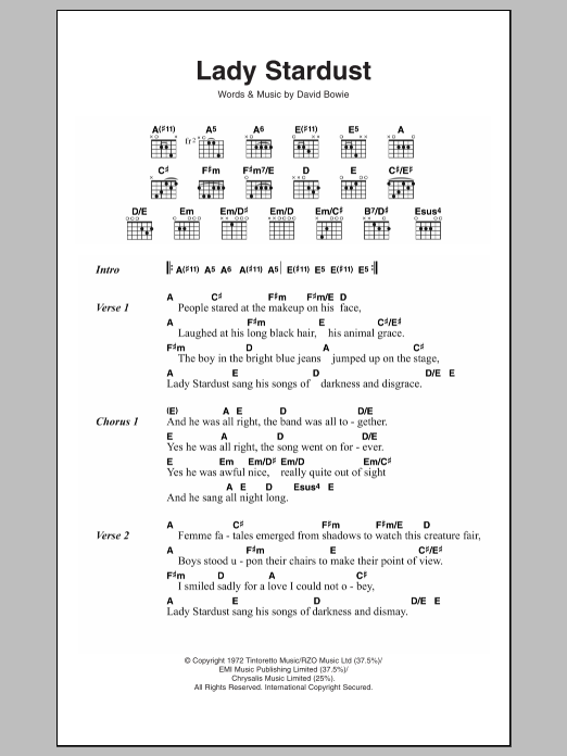 David Bowie Lady Stardust Sheet Music Notes & Chords for Lyrics & Chords - Download or Print PDF