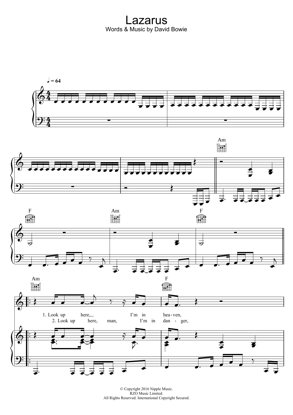 David Bowie Lazarus Sheet Music Notes & Chords for Beginner Piano - Download or Print PDF