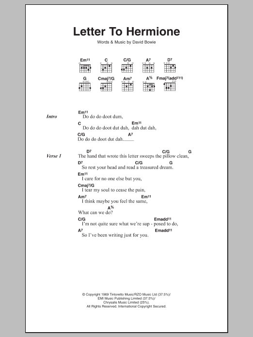 David Bowie Letter To Hermione Sheet Music Notes & Chords for Lyrics & Chords - Download or Print PDF