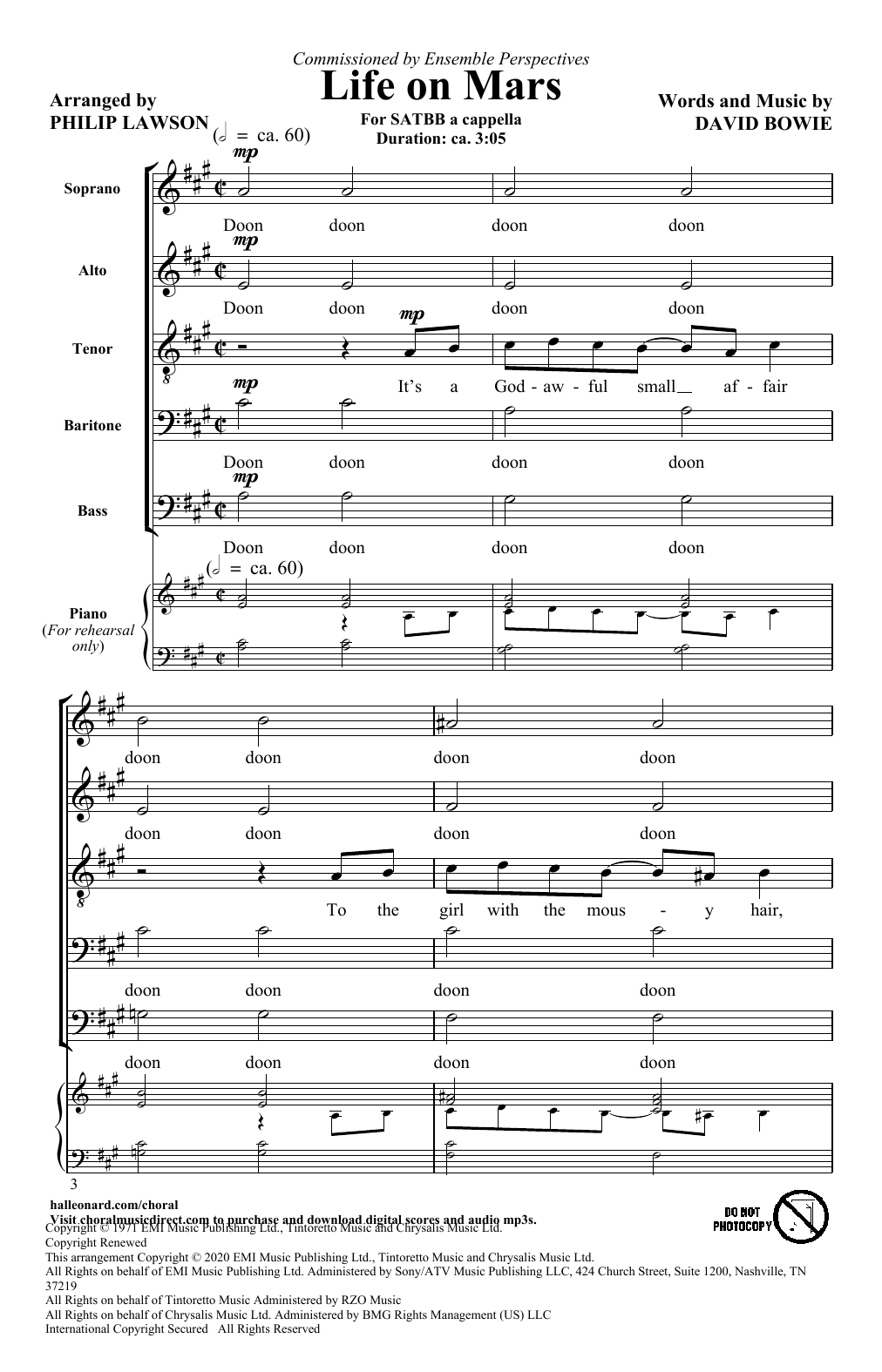David Bowie Life On Mars (arr. Philip Lawson) Sheet Music Notes & Chords for SATB Choir - Download or Print PDF