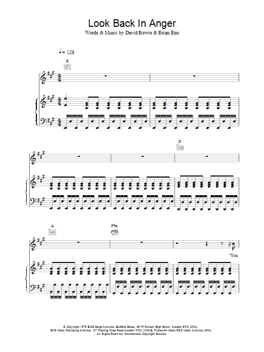 David Bowie Look Back In Anger Sheet Music Notes & Chords for Piano, Vocal & Guitar - Download or Print PDF