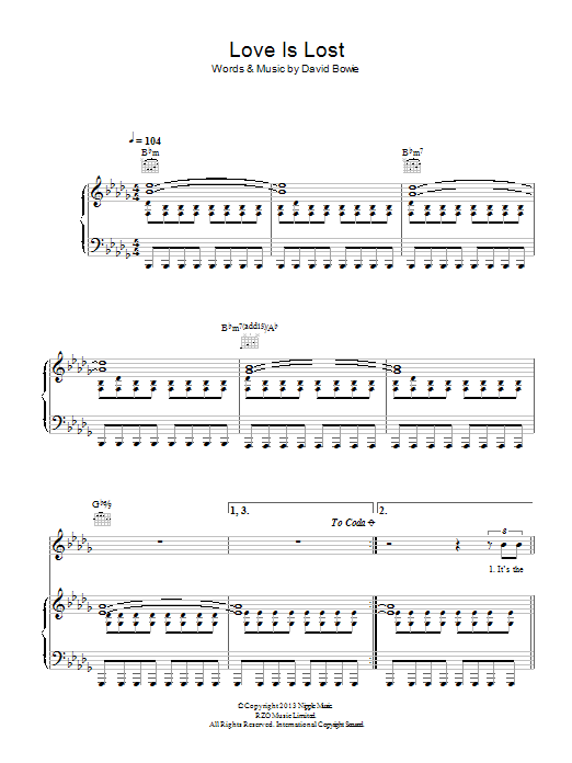 David Bowie Love Is Lost Sheet Music Notes & Chords for Piano, Vocal & Guitar (Right-Hand Melody) - Download or Print PDF