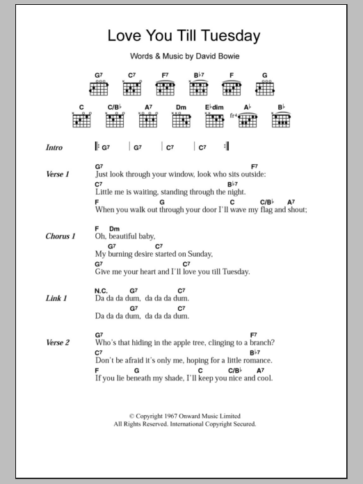 David Bowie Love You Till Tuesday Sheet Music Notes & Chords for Lyrics & Chords - Download or Print PDF