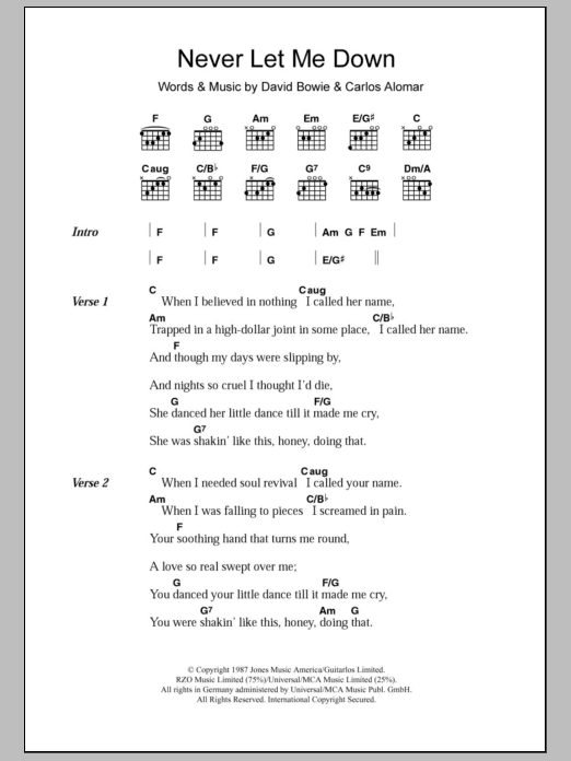 David Bowie Never Let Me Down Sheet Music Notes & Chords for Lyrics & Chords - Download or Print PDF