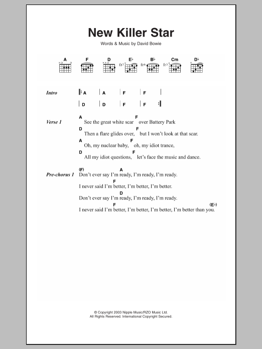David Bowie New Killer Star Sheet Music Notes & Chords for Lyrics & Chords - Download or Print PDF David Bowie New Killer Star Sheet Music Notes & Chords for Lyrics & Chords - Download or Print PDF