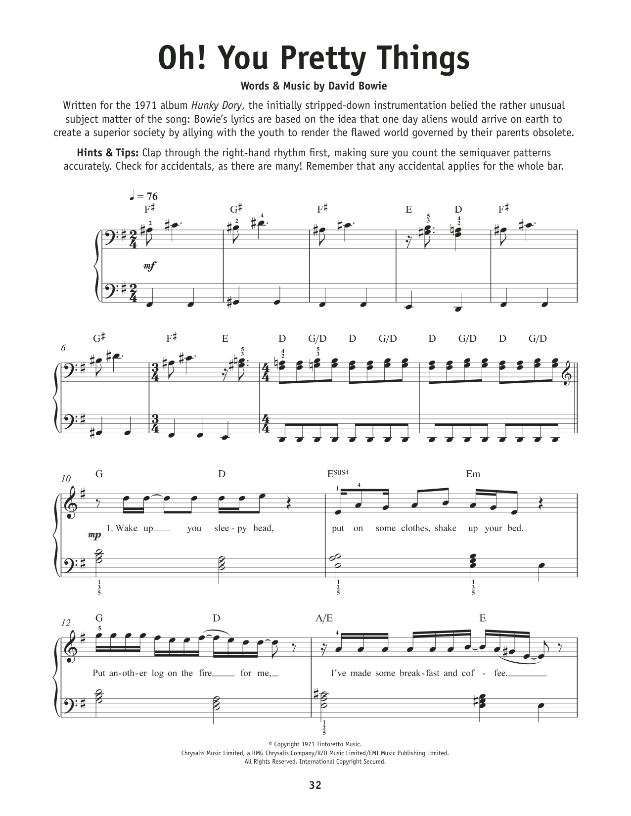 David Bowie Oh You Pretty Things Sheet Music Notes & Chords for Really Easy Piano - Download or Print PDF