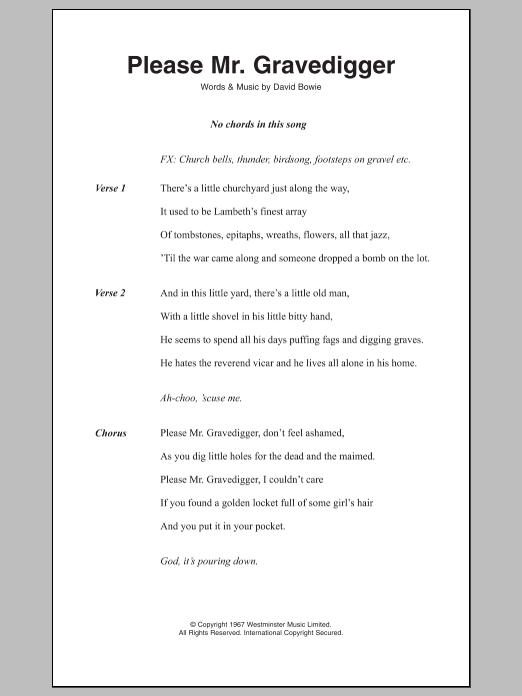 David Bowie Please Mr. Gravedigger Sheet Music Notes & Chords for Lyrics & Chords - Download or Print PDF