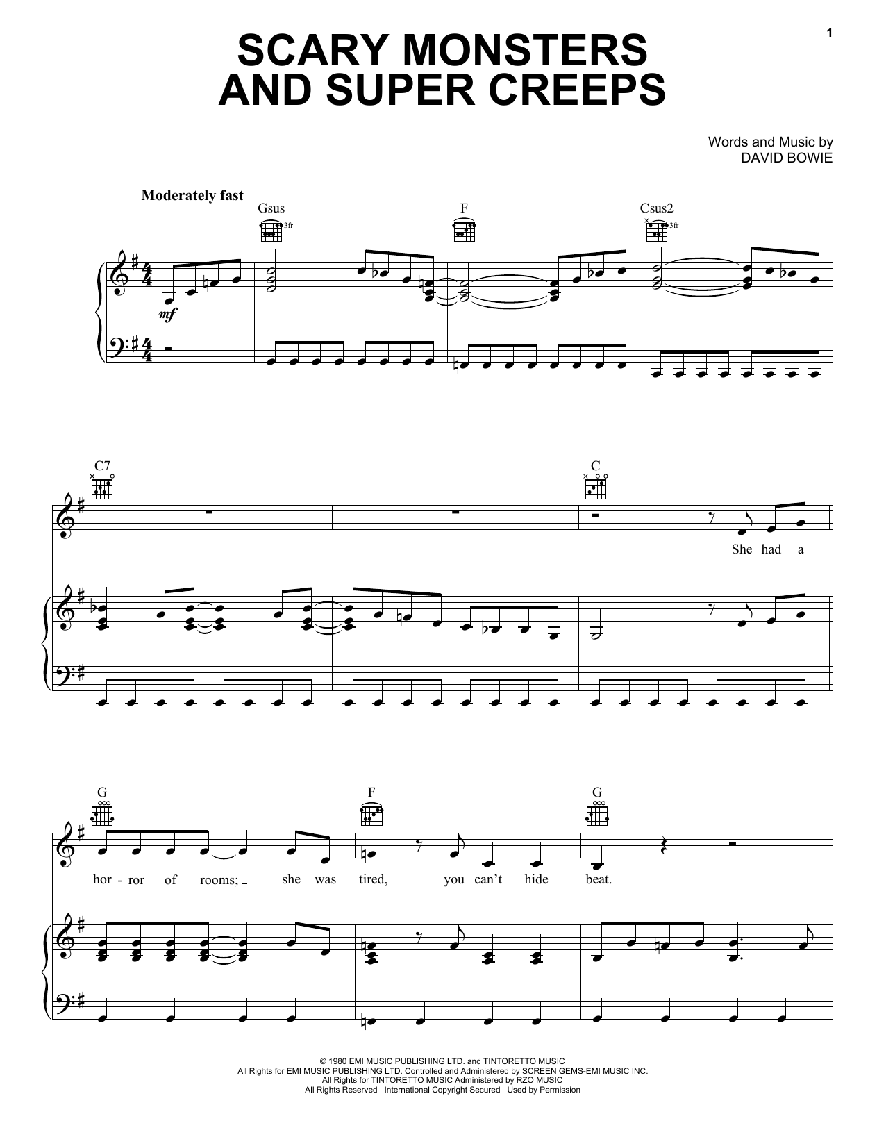 David Bowie Scary Monsters And Super Creeps Sheet Music Notes & Chords for Piano, Vocal & Guitar Chords (Right-Hand Melody) - Download or Print PDF