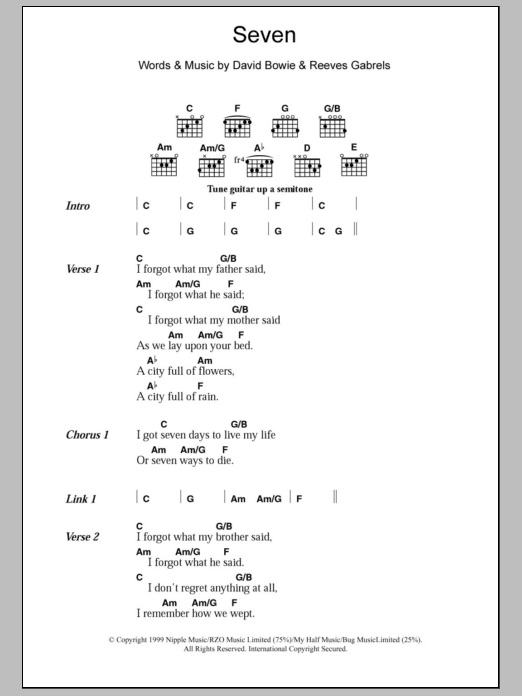 David Bowie Seven Sheet Music Notes & Chords for Lyrics & Chords - Download or Print PDF