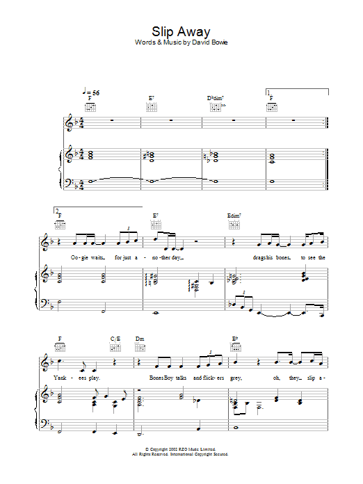 David Bowie Slip Away Sheet Music Notes & Chords for Melody Line, Lyrics & Chords - Download or Print PDF