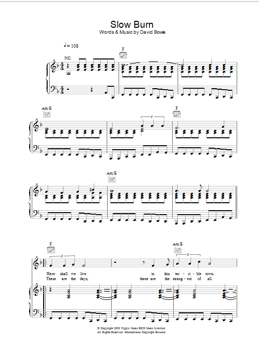 David Bowie Slow Burn Sheet Music Notes & Chords for Piano, Vocal & Guitar - Download or Print PDF