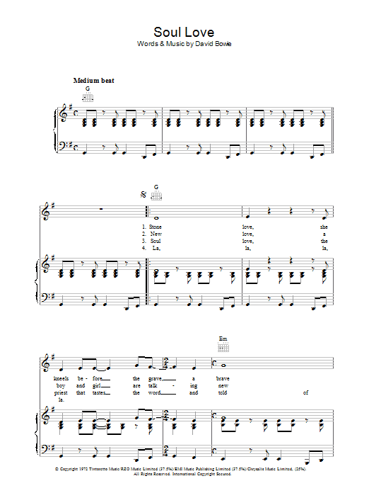 David Bowie Soul Love Sheet Music Notes & Chords for Piano, Vocal & Guitar (Right-Hand Melody) - Download or Print PDF