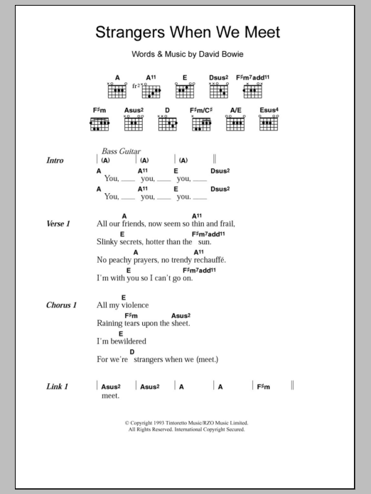 David Bowie Strangers When We Meet Sheet Music Notes & Chords for Lyrics & Chords - Download or Print PDF