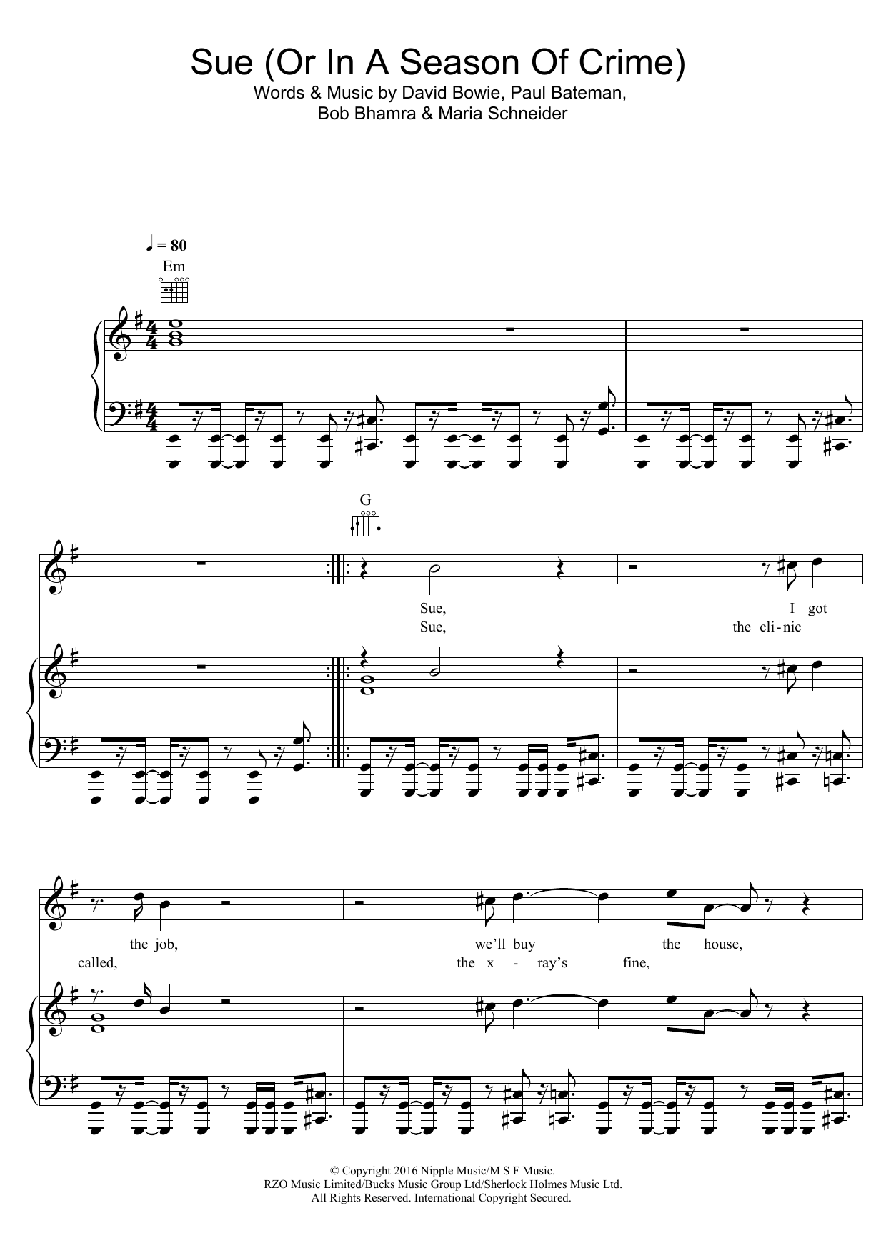 David Bowie Sue (Or In A Season Of Crime) Sheet Music Notes & Chords for Piano, Vocal & Guitar - Download or Print PDF
