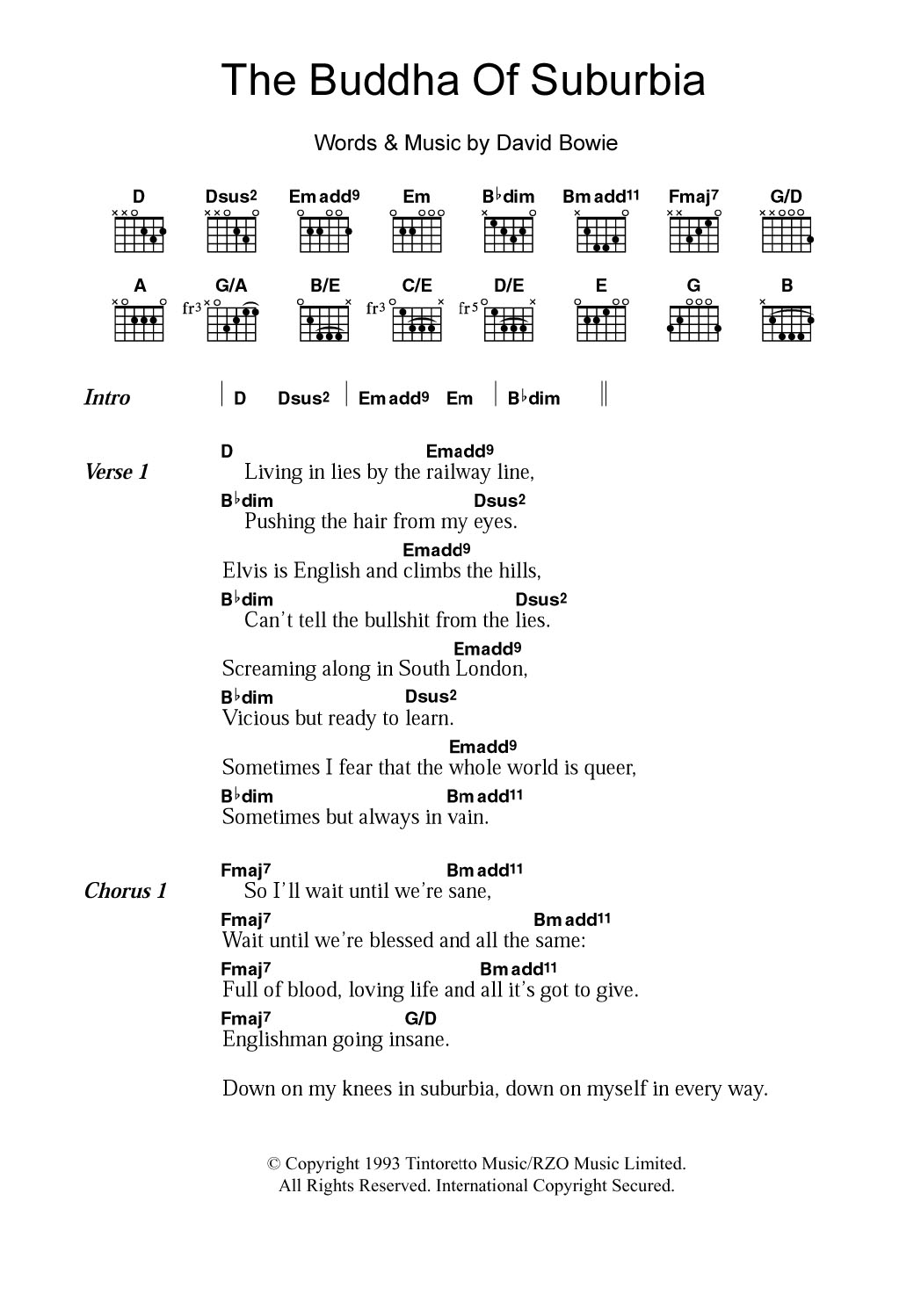 David Bowie The Buddha Of Suburbia Sheet Music Notes & Chords for Lyrics & Chords - Download or Print PDF