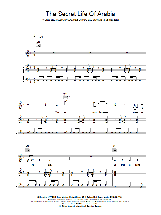 David Bowie The Secret Life Of Arabia Sheet Music Notes & Chords for Piano, Vocal & Guitar - Download or Print PDF
