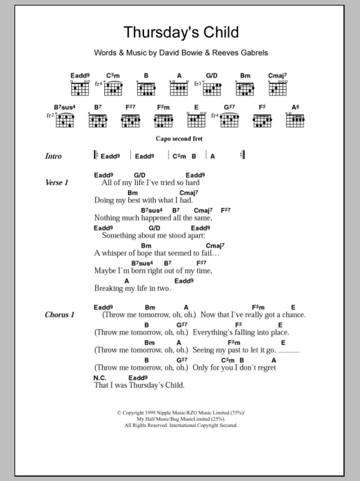 David Bowie Thursday's Child Sheet Music Notes & Chords for Lyrics & Chords - Download or Print PDF