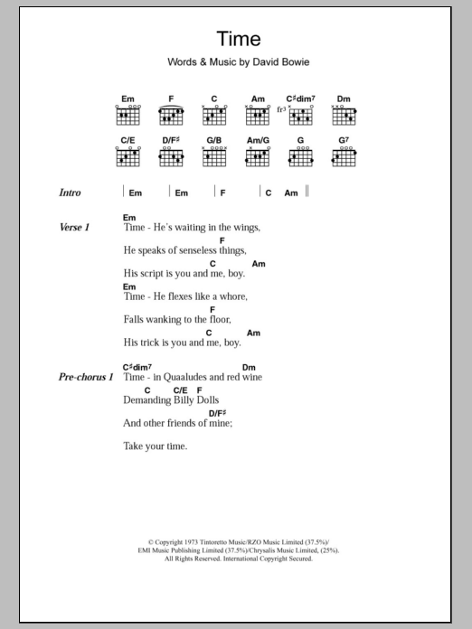 David Bowie Time Sheet Music Notes & Chords for Lyrics & Chords - Download or Print PDF