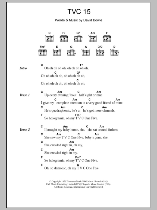 David Bowie TVC 15 Sheet Music Notes & Chords for Lyrics & Chords - Download or Print PDF