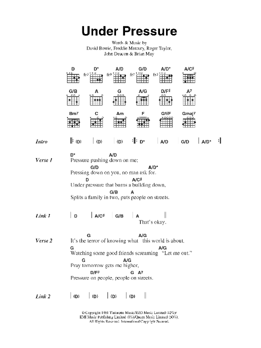 David Bowie Under Pressure Sheet Music Notes & Chords for Piano, Vocal & Guitar (Right-Hand Melody) - Download or Print PDF