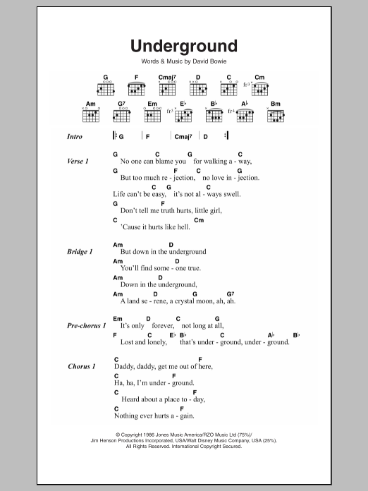 David Bowie Underground Sheet Music Notes & Chords for Lyrics & Chords - Download or Print PDF