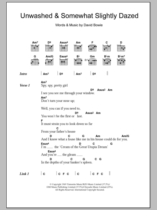 David Bowie Unwashed And Somewhat Slightly Dazed Sheet Music Notes & Chords for Lyrics & Chords - Download or Print PDF