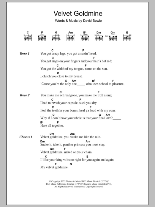 David Bowie Velvet Goldmine Sheet Music Notes & Chords for Piano, Vocal & Guitar - Download or Print PDF