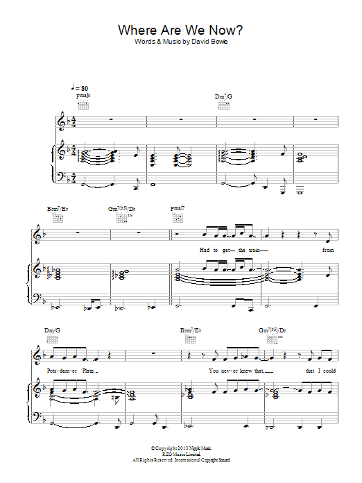 David Bowie Where Are We Now Sheet Music Notes & Chords for Piano, Vocal & Guitar (Right-Hand Melody) - Download or Print PDF