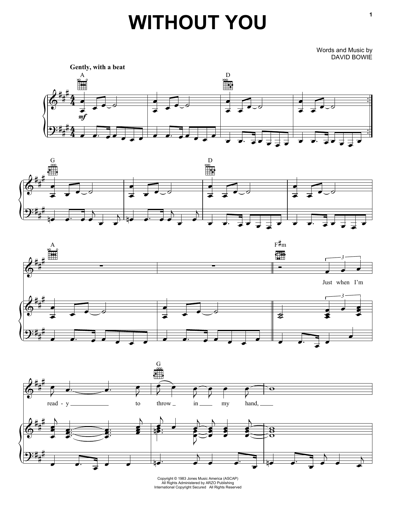David Bowie Without You Sheet Music Notes & Chords for Piano, Vocal & Guitar Chords (Right-Hand Melody) - Download or Print PDF