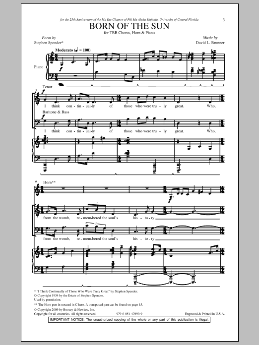 David Brunner Born Of The Sun Sheet Music Notes & Chords for TBB - Download or Print PDF