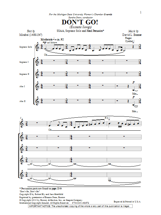 David Brunner Don't Go Sheet Music Notes & Chords for SSA - Download or Print PDF