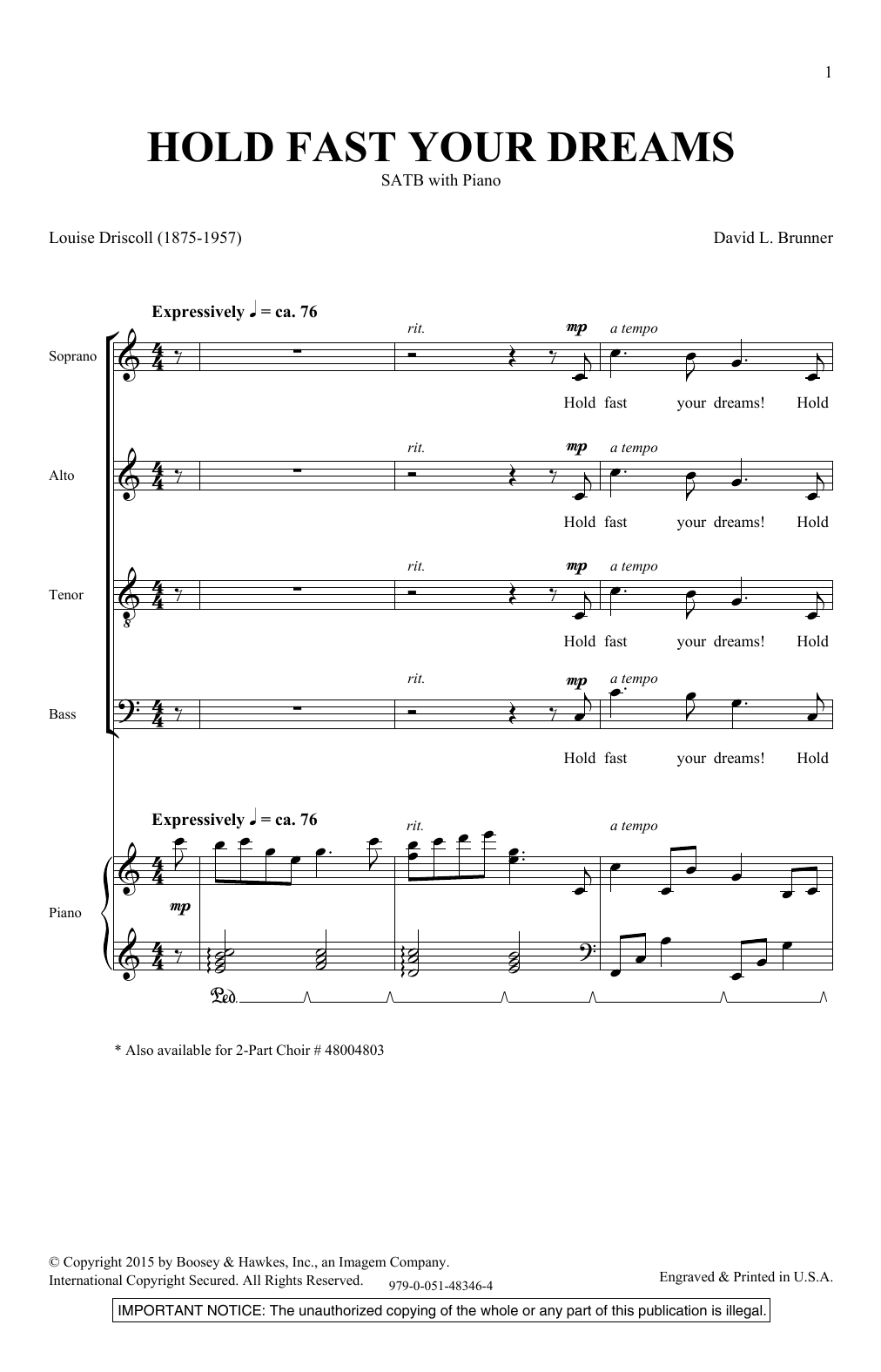 David Brunner Hold Fast Your Dreams Sheet Music Notes & Chords for SATB - Download or Print PDF