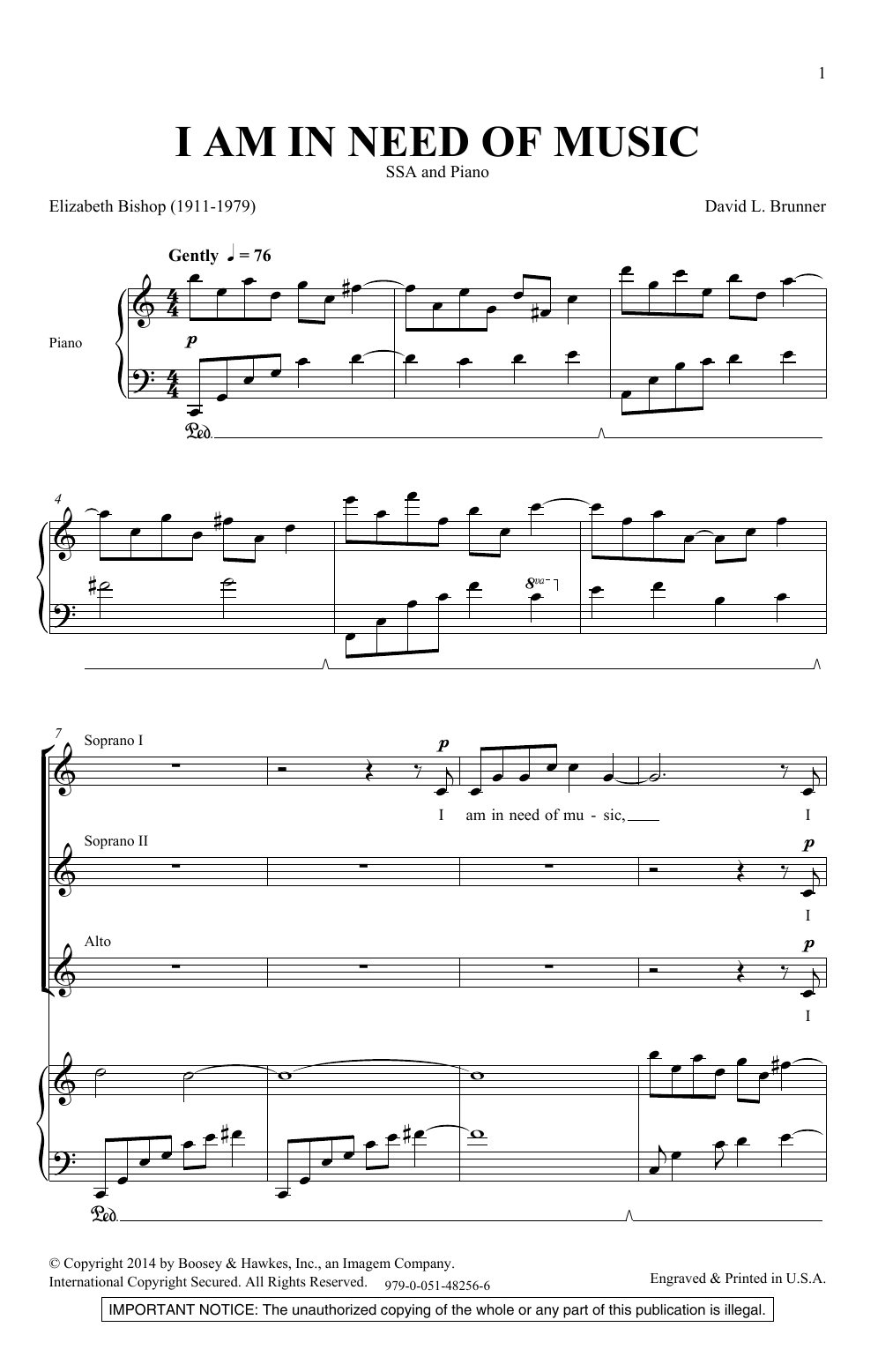 David Brunner I Am In Need Of Music Sheet Music Notes & Chords for SSA Choir - Download or Print PDF