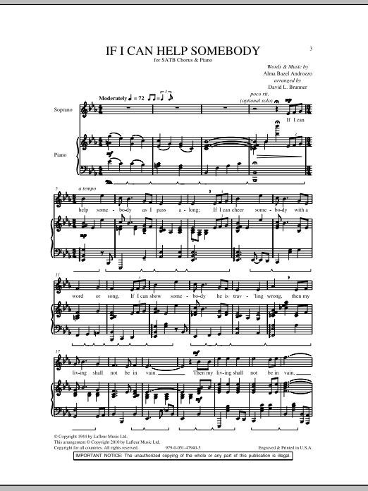 David Brunner If I Can Help Somebody Sheet Music Notes & Chords for SATB - Download or Print PDF