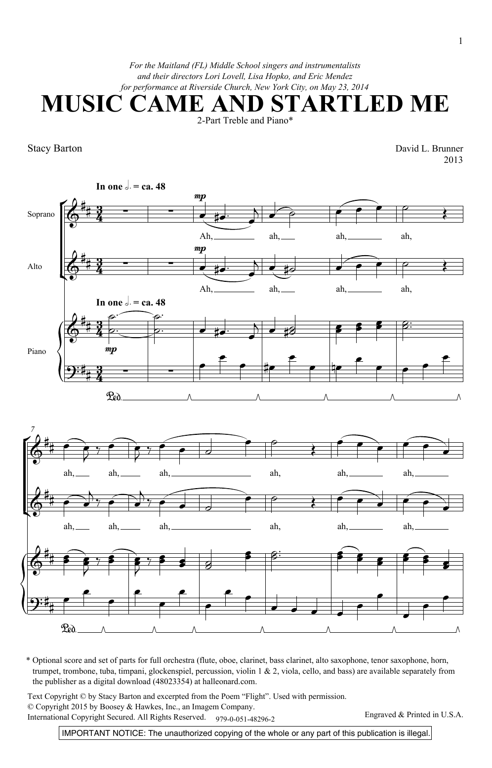 David Brunner Music Came And Startled Me Sheet Music Notes & Chords for 2-Part Choir - Download or Print PDF