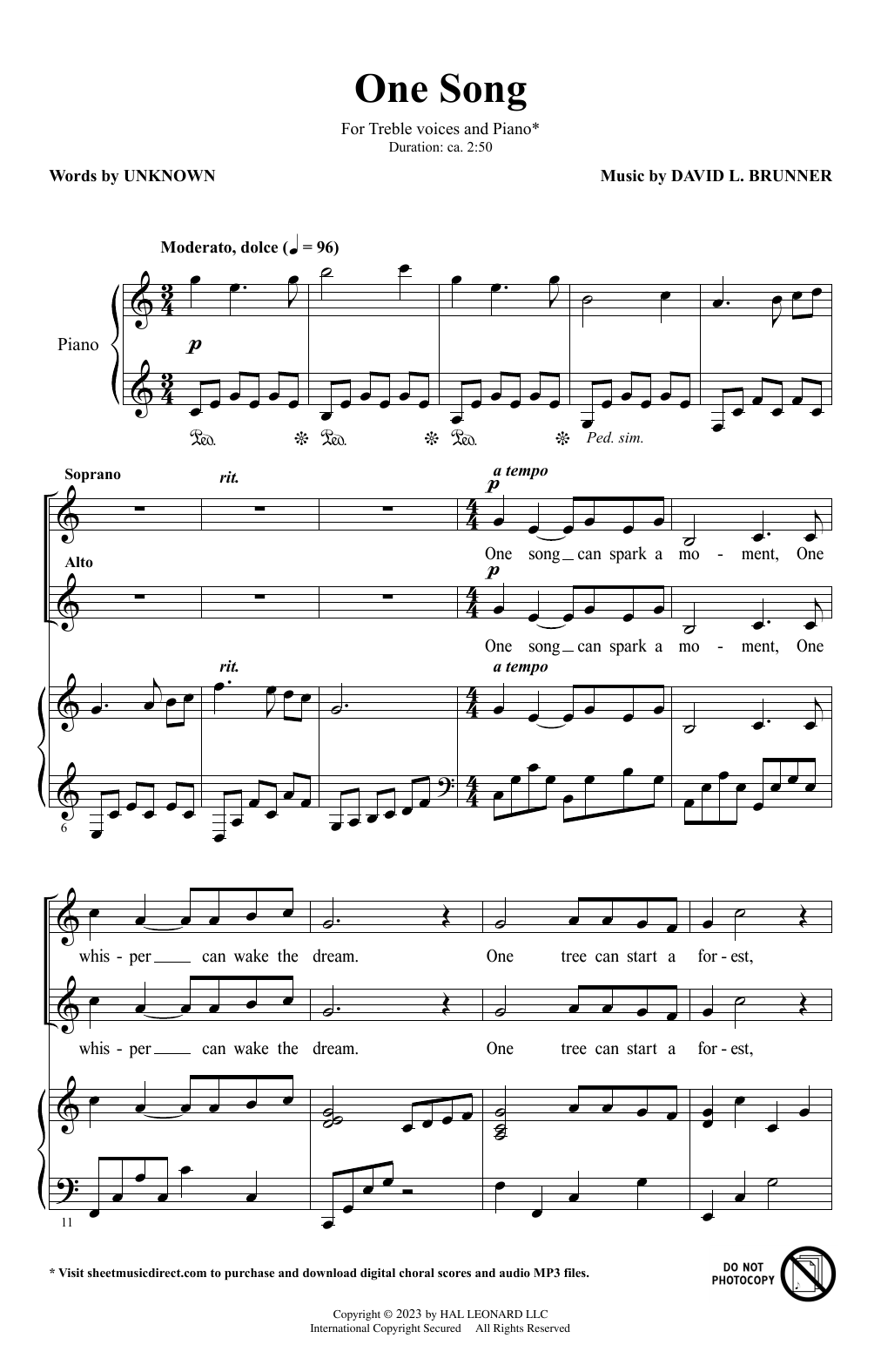 David Brunner One Song Sheet Music Notes & Chords for Choir - Download or Print PDF