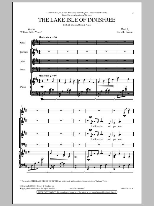 David Brunner The Lake Isle Of Innisfree Sheet Music Notes & Chords for SAB - Download or Print PDF