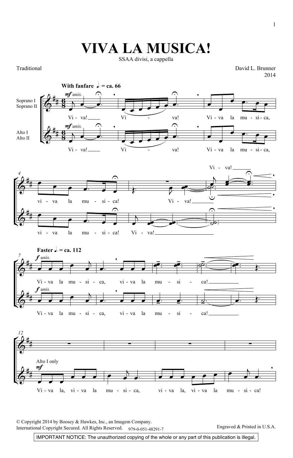 David Brunner Viva La Musica Sheet Music Notes & Chords for SSA Choir - Download or Print PDF