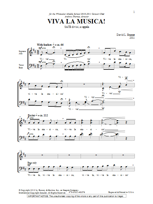 David Brunner Viva La Musica! Sheet Music Notes & Chords for SATB - Download or Print PDF
