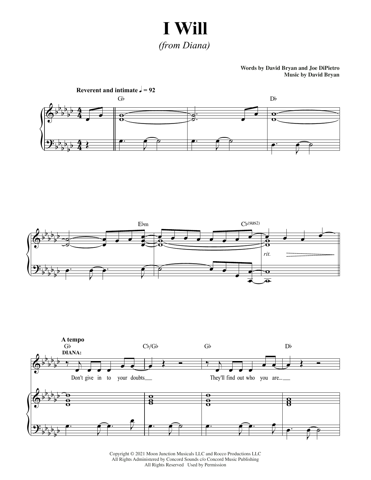 David Bryan & Joe DiPietro I Will (from Diana) Sheet Music Notes & Chords for Piano & Vocal - Download or Print PDF