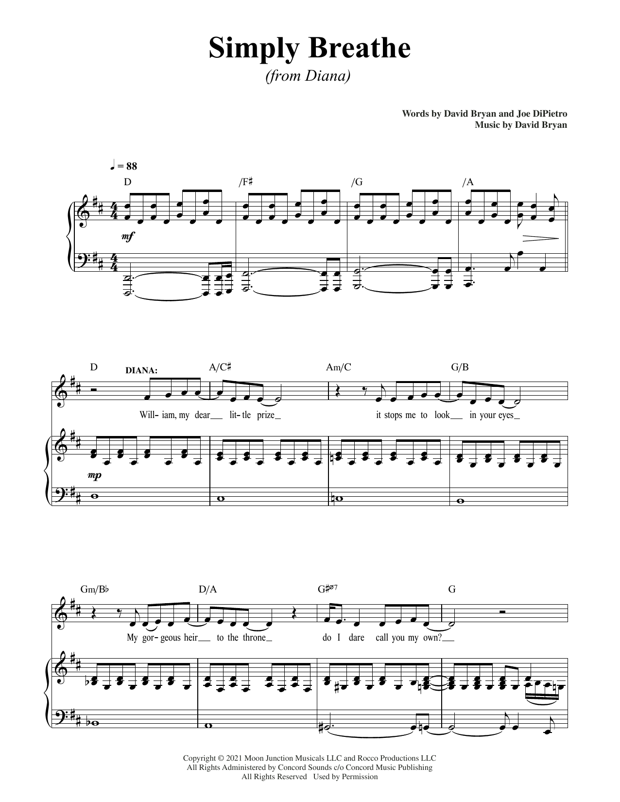 David Bryan & Joe DiPietro Simply Breathe (from Diana) Sheet Music Notes & Chords for Piano & Vocal - Download or Print PDF