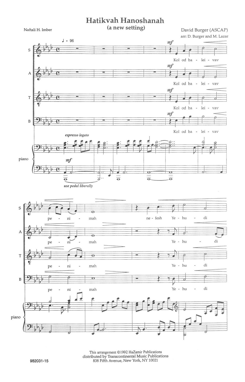 David Burger Hatikvah Hanoshanah Sheet Music Notes & Chords for SATB Choir - Download or Print PDF