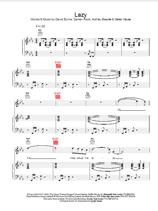 David Byrne Lazy Sheet Music Notes & Chords for Piano, Vocal & Guitar - Download or Print PDF