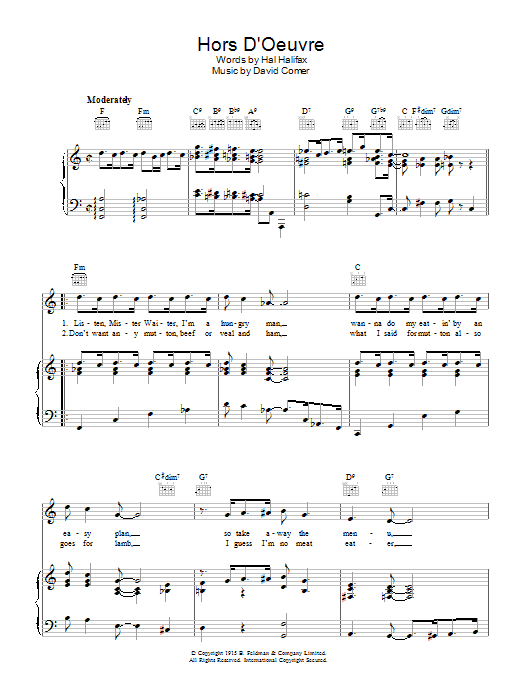 David Comer Hors D'Oeuvre Sheet Music Notes & Chords for Piano, Vocal & Guitar (Right-Hand Melody) - Download or Print PDF