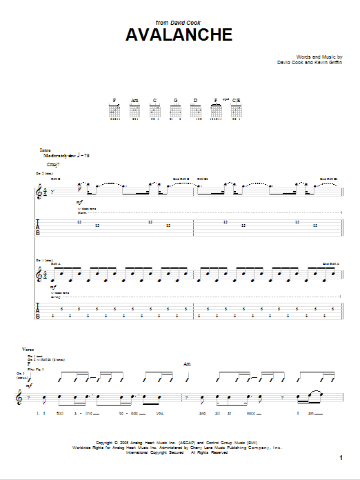David Cook Avalanche Sheet Music Notes & Chords for Guitar Tab - Download or Print PDF