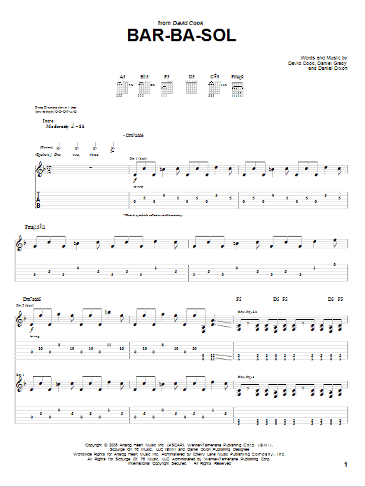 David Cook Bar-Ba-Sol Sheet Music Notes & Chords for Guitar Tab - Download or Print PDF