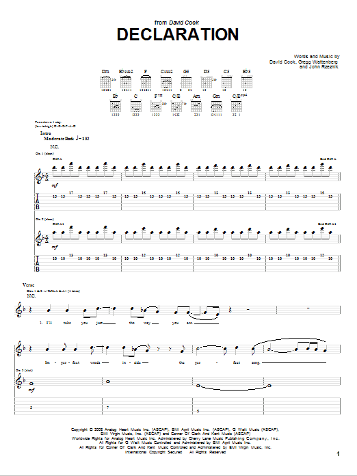 David Cook Declaration Sheet Music Notes & Chords for Guitar Tab - Download or Print PDF