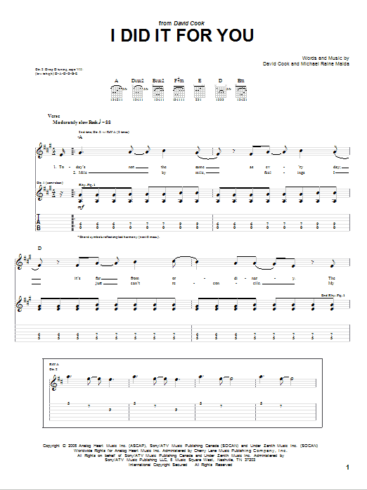 David Cook I Did It For You Sheet Music Notes & Chords for Guitar Tab - Download or Print PDF